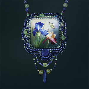 Iris Garden Beaded Pendant Necklas Lapis & Peridot Floral glass cabochon by Jaguarwoman